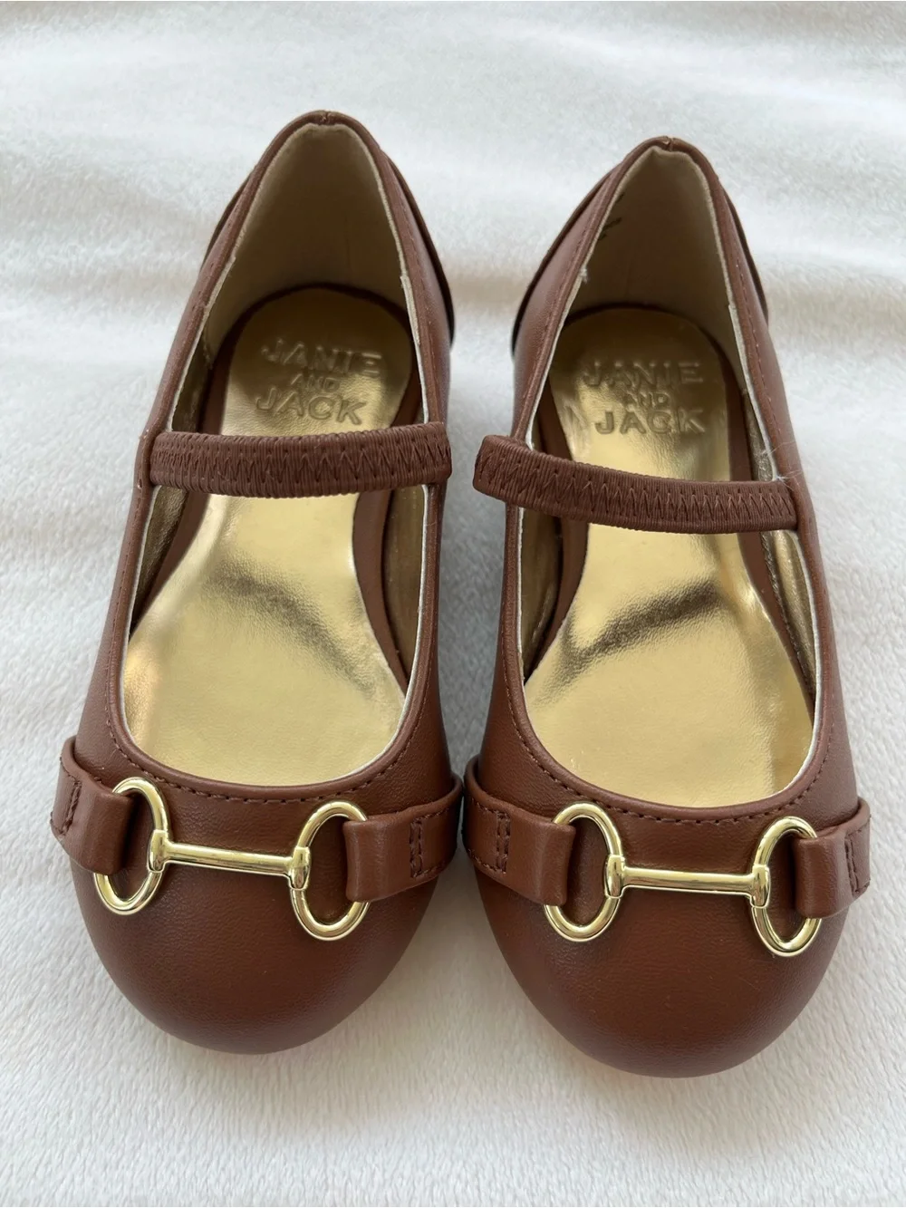 Janie and Jack Brown Mary Jane Flats with Gold Bit Detail